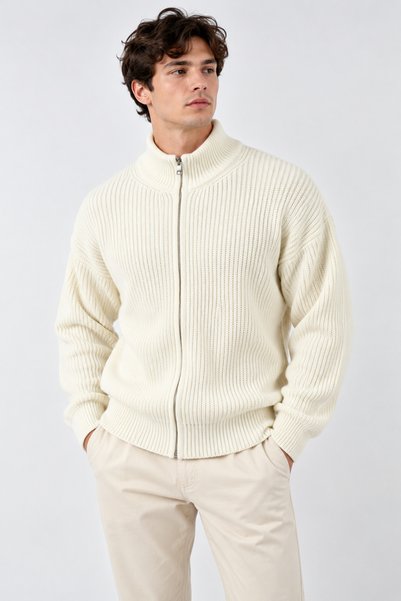 İLKCET MODA Fermuarlı Ekru Premium Selanik Örgü Oversize Hırka