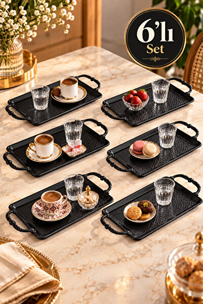 VENON 6 Pieces | |   Black Alara Metal Tray with Handles | |   Coffee Present...