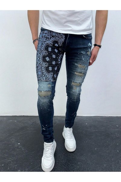 HerTon Men's Slim Fit Bandana Patterned Ripped Detail Lycra Denim Jean Trouse...