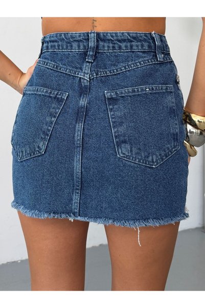 HerTon Fusta mini din denim cu model leopard și ciucuri la capătul fustei pentru femei