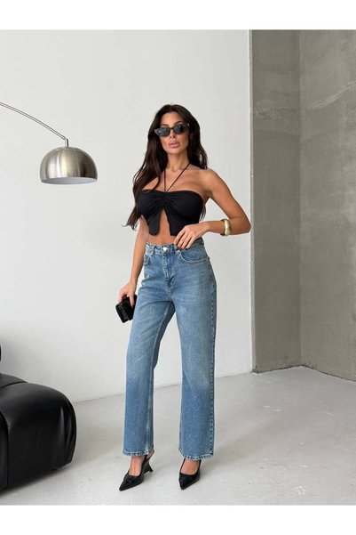 HerTon Kadın Yüksek Bel Bol Paça Jean Pantolon | %99 Pamuk %1 Elastan Rahat Kalıp Denim