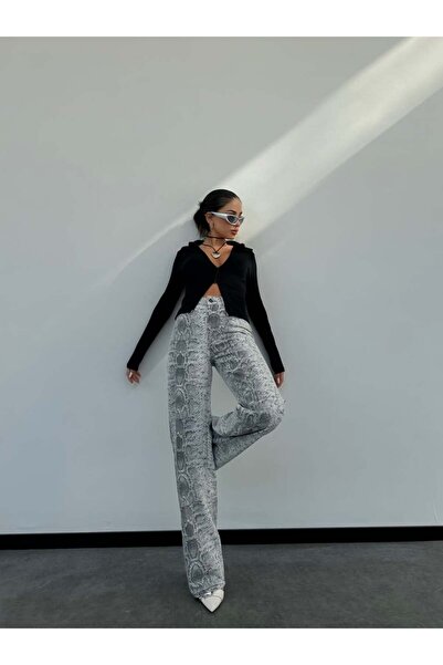 HerTon High-Waisted Snake Skin Patterned Wide-Leg Denim Trousers - Eye-Catching Snake Skin Jeans