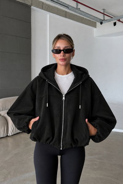 NET OF NOT Olivia ZR Model Kapüşonlu Oversize Bomber Kadın Siyah Süet Deri Ceket