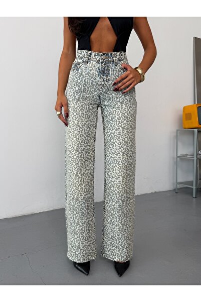 HerTon Women's High Waist Leopard Print Wide Leg 100% Cotton Denim Pants