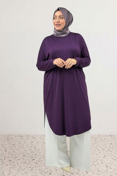 Eslina 38110 Large Size Low Sleeve Combed Cotton Tunic - Plum