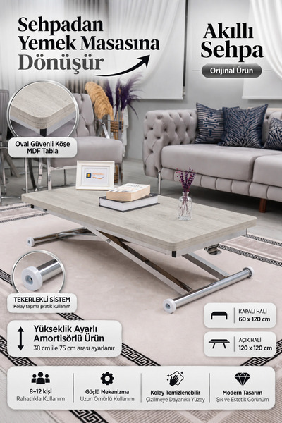 SEHPAM AKILLI Akıllı Sehpa Home Üst Tabla Mdf Lizbon Alt Mekanizma Krom Kaplama