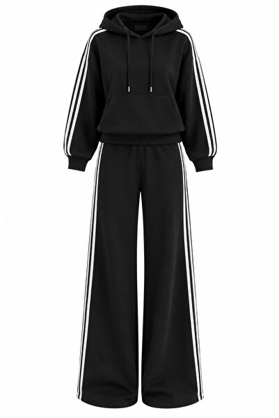 Laluvia Black Double Ribbed Top and Bottom Tracksuit Set - 2Y909019