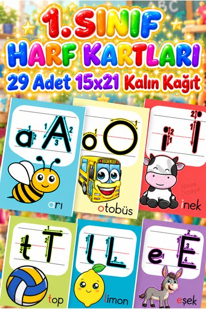 Hiras Dizayn 1. Sınıf Resimli Harf Kartları Alfabe Okuma Yazma Eğitici Kart S...