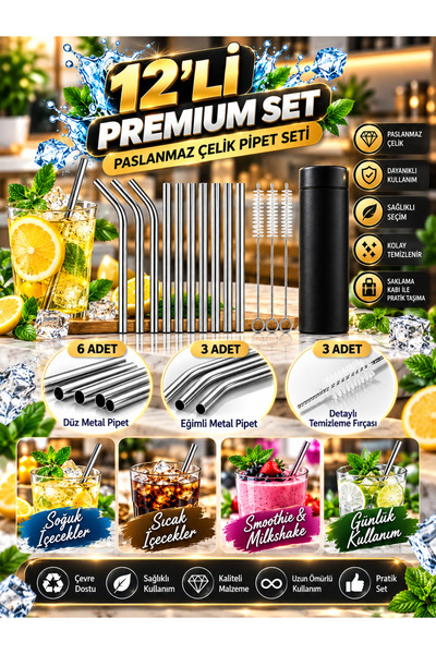 Tasarım Evi Premium 7 Parça Paslanmaz Çelik Metal Pipet Seti - 3 Düz, 3 Eğimli Pipet + Temizleme Fırçası
