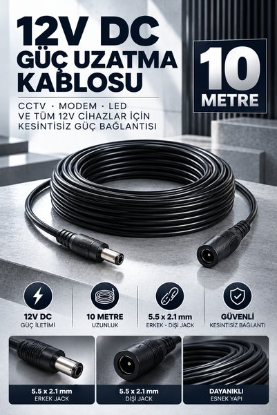 MVLH 10 Metre 12V DC Adaptör Güç Uzatma Kablosu 5.5x2.1 mm Dişi Erkek Jack Cctv Kamera Şerit LED Modem Ara Kablosu