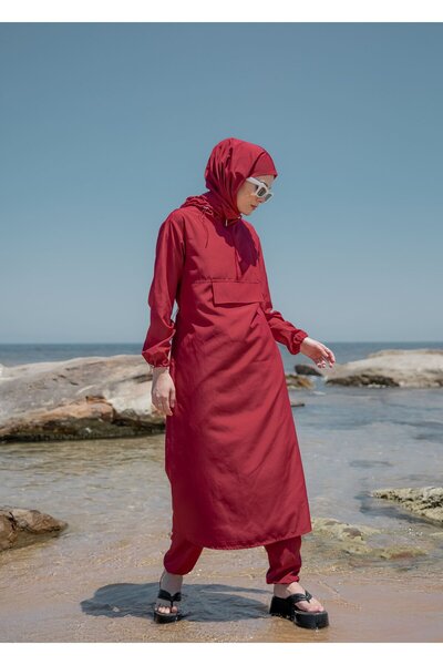 QANU Long Hijab Swimsuit Set of 3 Burgundy Loose Fit