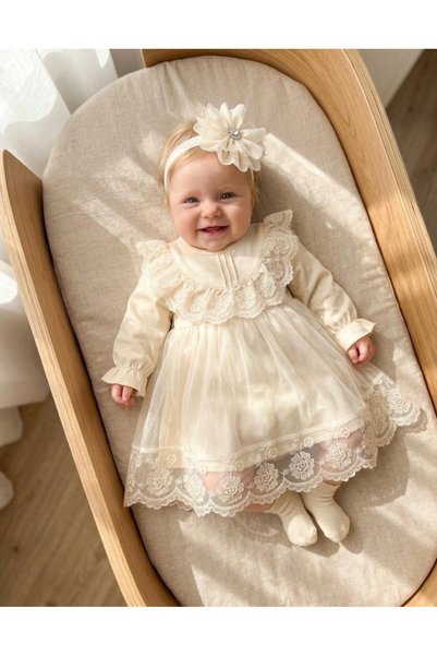 Miniday Baby Kız Bebek Mevlütlük Elbise Bandanalı Dantelli Yeni Doğan Hastane...