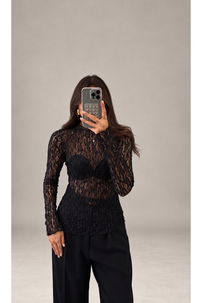 Paraf style DİK YAKA TRANSPARAN DETAYLI BLUZ