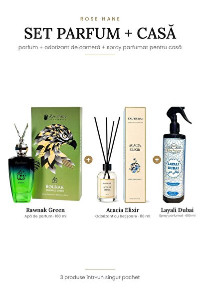 rosehane Set Parfum + Casă Rose Hane – Rawnak Green + Acacia Elixir + Layali ...