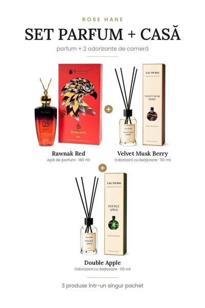 rosehane Set Parfum + Casă Rose Hane – Rawnak Red + Velvet Musk Berry + Doubl...