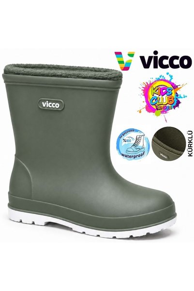 Vicco Mellow Kürklü Pvc Su Çizmesi Yağmur Botu Ortopedik Çocuk Bot HAKİ