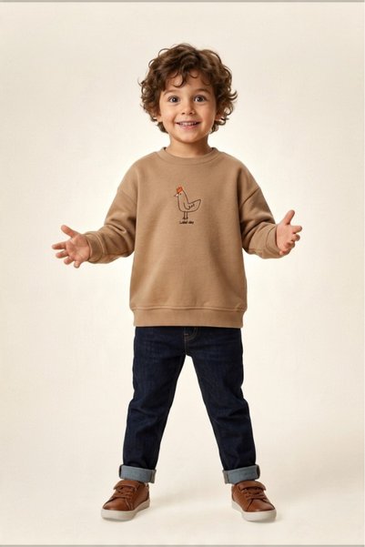 Genel Markalar Unisex Tavuk Nakışlı Bisiklet Yaka Oversize Çocuk Sweatshirt -...