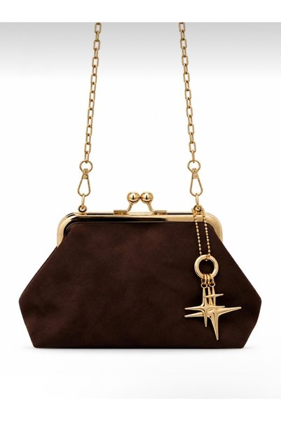 ZEYS Suede Scholar Star Charm Detailed Chain Strap Clutch/Portfolio Hand and Shoulder Bag