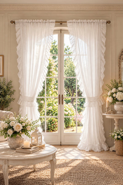 cotton maison Ruffled Linen Tulle Sheer Curtain Single Panel Romantic Ruffled...