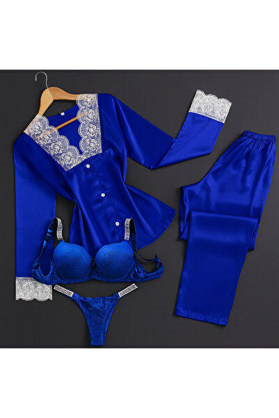 SATTENS Set de 4 pijamale din SATIN pentru femei și sutien și chiloți - albastru