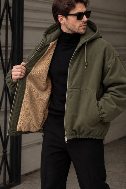 Delpino Men's Oversized Gabardine Coat with Fur Lining and Hood