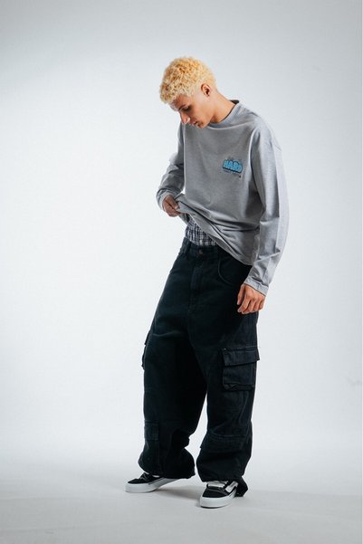 UKHWD SUPPLY Hustle Hard Oversize Uzun Kollu Gri Erkek Tişört