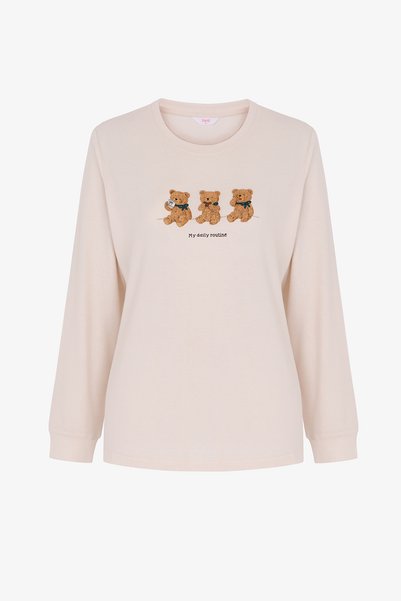 Penti Ekru Daily Routine Ayı Desenli Uzun Kollu Pijama Üstü