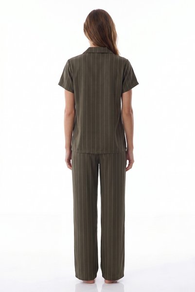 Penti Set de pijamale cu pantaloni și cămașă cu mânecă scurtă, cu dungi, din satin Rhea, kaki