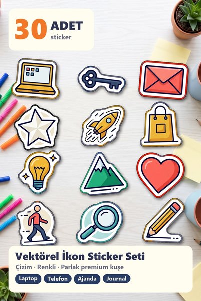 Store Colorful Drawing Vector Icon Sticker Set 30 Pieces - Modern Laptop Phon...
