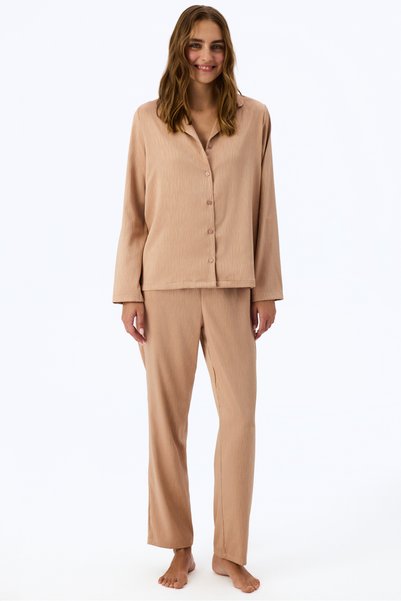 Penti Set de pijamale cu pantaloni și cămașă cu mânecă lungă din satin opal bej