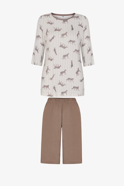 Penti Set de pijamale cu mâneci 3/4 cu imprimeu leopard și colagen bej