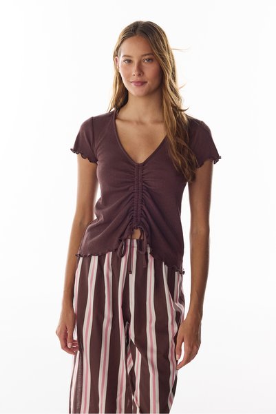 Penti Brown Sleep Mode Striped Short Sleeve Pants Pajama Set