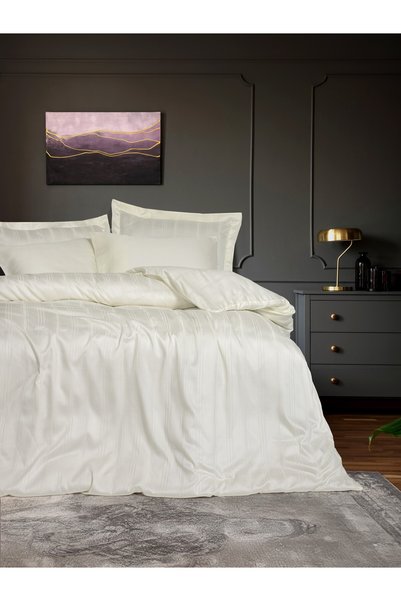 Cotton Box طقم غطاء لحاف مزدوج من الساتان الذكي من بامبو، مخطط بلون إكرو