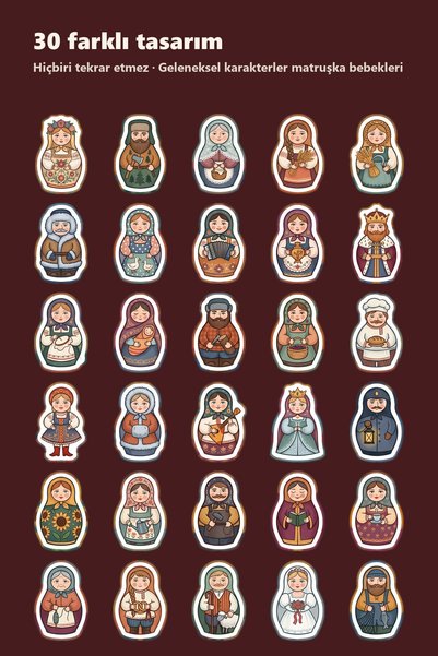 Dekorif 30 Pieces Folkloric Matryoshka Doll Sticker Set - Laptop, Notebook, Agenda