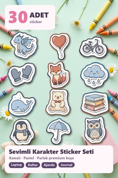 Store Cute Character Sticker Set with Mini Drawings 30 Pieces - Pastel Colore...