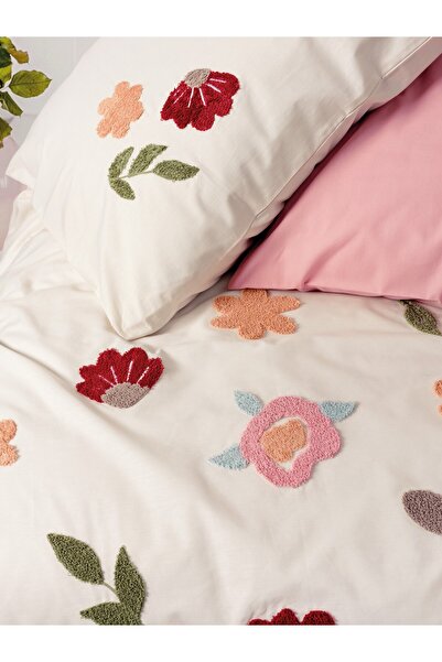 Cotton Box Puff Embroidered Double Duvet Cover Set Blossom Salmon
