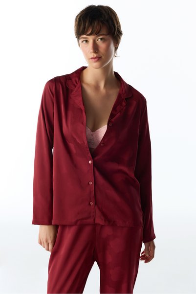 Penti Bordo Orquidea Saten Çiçekli Uzun Kollu Gömlek Pantolon Pijama Takımı