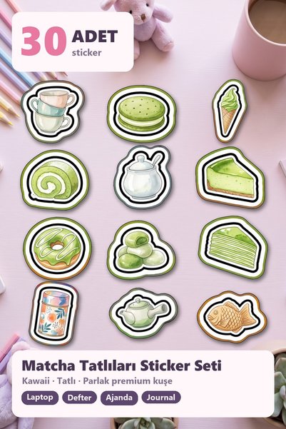 Store Watercolor Matcha Sweets Sticker Set 30 Pieces - Pastel Kawaii Laptop N...