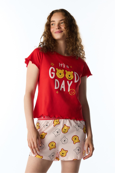 Penti Kırmızı Good Day Ayı Desenli Kısa Kollu Şort Pijama Takımı