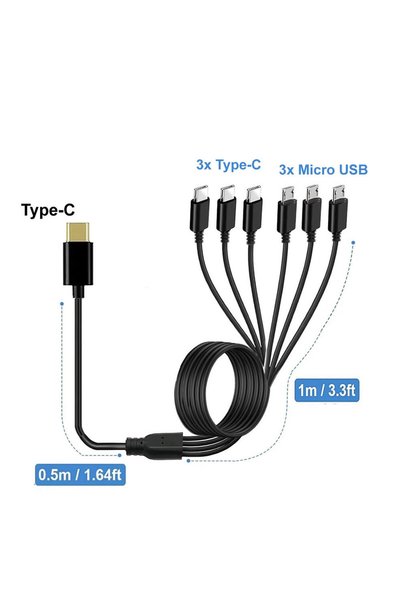 Choice كابل موزع 6 في 1 من نوع Micro USB/Type C (150 سم) 3 في 1 من USB إلى Mi...