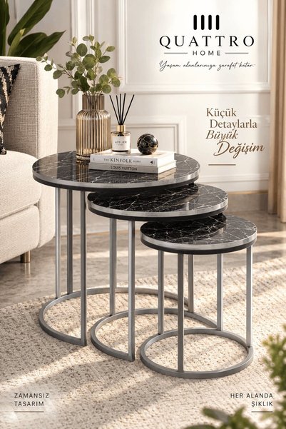 QUATTRO HOME Siyah Mermer Desenli Gümüş Metal Ayaklı 3'lü Zigon Sehpa Takımı