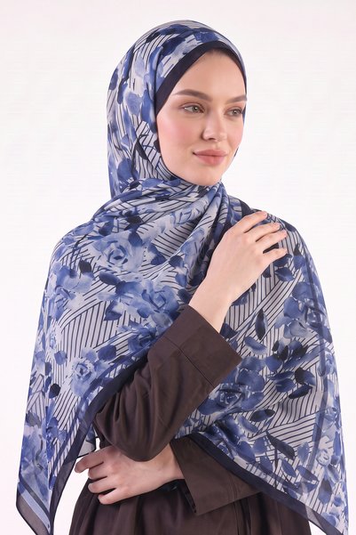 Salih Çelebi Botanik Çizgi Aqua Soft Shawl 4080 - ΣΚΟΥΡΟ ΜΠΛΕ