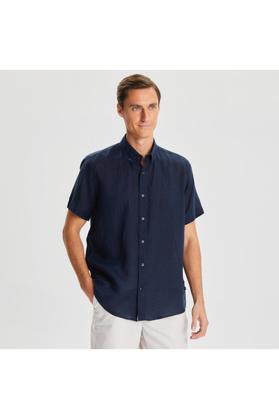 Nautica Erkek Lacivert Classic Fit Kısa Kollu Keten Gömlek