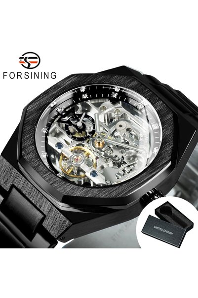 Choice3 BOX BLACK Forsining Silver Automatic Watch Men 3D Diamond Dial Irregu...