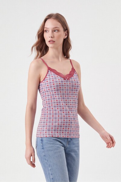 Modamorfo Heart Patterned Strappy Lace Tank Top -Lilac