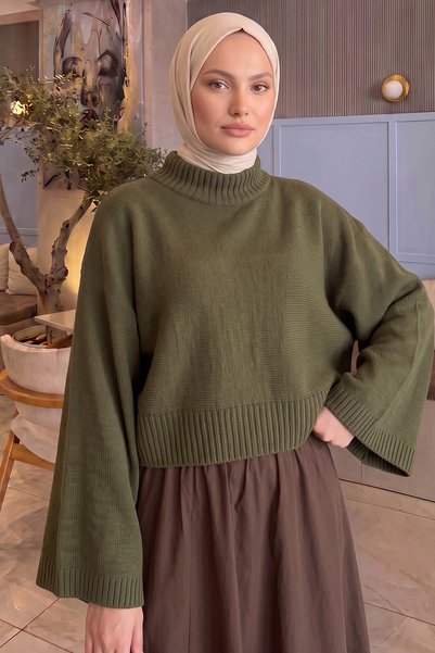 Salih Çelebi Pulover tricotat cu mânecă liliac T2619 - KHAKI