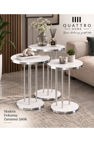 QUATTRO HOME 3'lü Yuvarlak Zigon Sehpa Takımı Beyaz ve Gümüş Renk