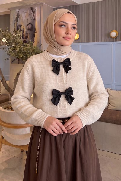 Salih Çelebi Cardigan din tricotaj cu detaliu fundă T2613 - CULOARE PIATRĂ