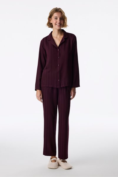 Penti Bordo Maroon Saten Çizgili Uzun Kollu Gömlek Pantolon Pijama Takımı