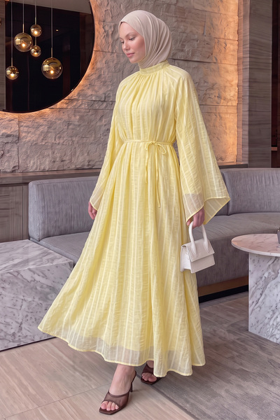 Salih Çelebi Reglan Kol Çizgili Elbise Y0168 - SARI